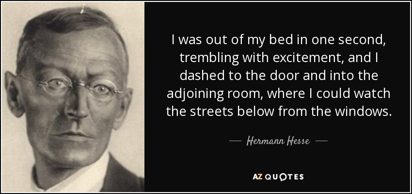 I was out of my bed in one second, trembling with excitement, and I dashed to the door and into the adjoining room, where I could watch the streets below from the windows. - Hermann Hesse