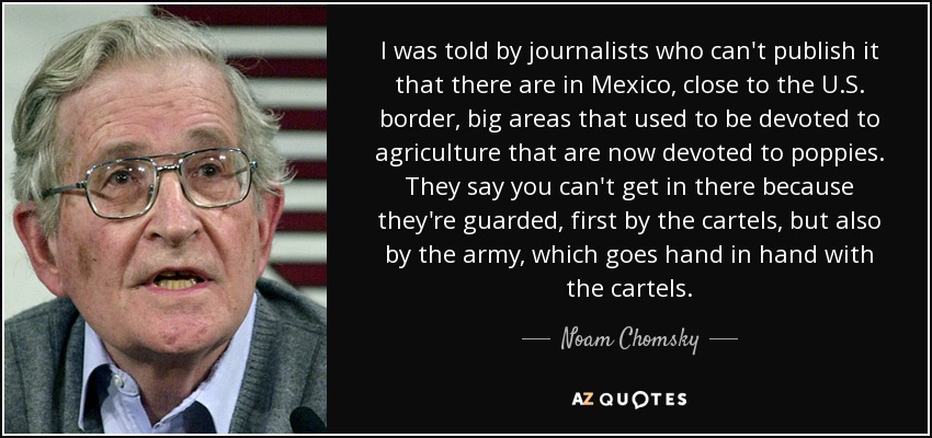 I was told by journalists who can't publish it that there are in Mexico, close to the U.S. border, big areas that used to be devoted to agriculture that are now devoted to poppies. They say you can't get in there because they're guarded, first by the cartels, but also by the army, which goes hand in hand with the cartels. - Noam Chomsky