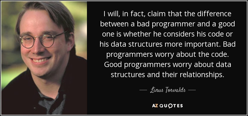I will, in fact, claim that the difference between a bad programmer and a good one is whether he considers his code or his data structures more important. Bad programmers worry about the code. Good programmers worry about data structures and their relationships. - Linus Torvalds