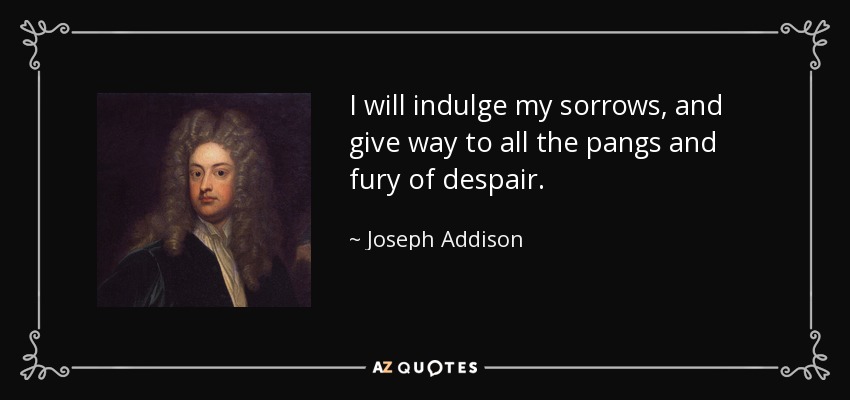 I will indulge my sorrows, and give way to all the pangs and fury of despair. - Joseph Addison