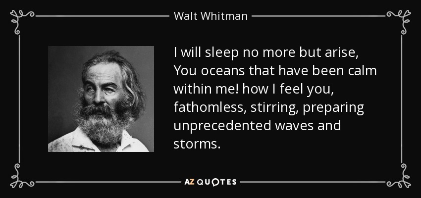 I will sleep no more but arise, You oceans that have been calm within me! how I feel you, fathomless, stirring, preparing unprecedented waves and storms. - Walt Whitman