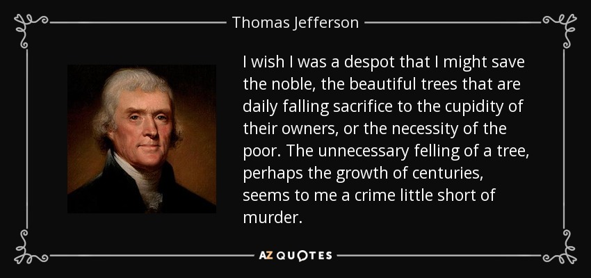 I wish I was a despot that I might save the noble, the beautiful trees that are daily falling sacrifice to the cupidity of their owners, or the necessity of the poor. The unnecessary felling of a tree, perhaps the growth of centuries, seems to me a crime little short of murder. - Thomas Jefferson
