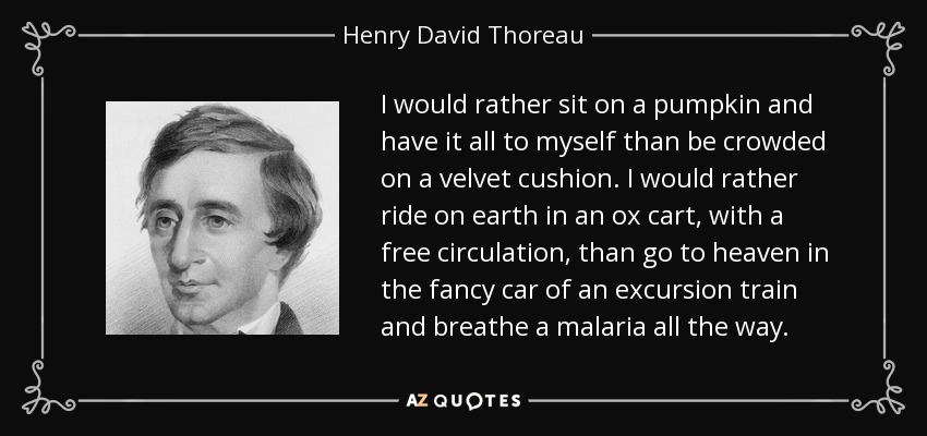 I would rather sit on a pumpkin and have it all to myself than be crowded on a velvet cushion. I would rather ride on earth in an ox cart, with a free circulation, than go to heaven in the fancy car of an excursion train and breathe a malaria all the way. - Henry David Thoreau