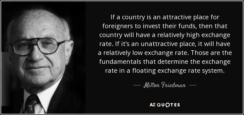 If a country is an attractive place for foreigners to invest their funds, then that country will have a relatively high exchange rate. If it's an unattractive place, it will have a relatively low exchange rate. Those are the fundamentals that determine the exchange rate in a floating exchange rate system. - Milton Friedman