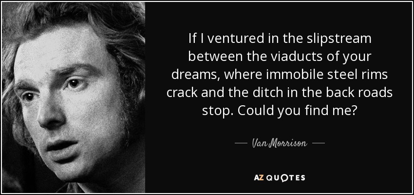 If I ventured in the slipstream between the viaducts of your dreams, where immobile steel rims crack and the ditch in the back roads stop. Could you find me? - Van Morrison