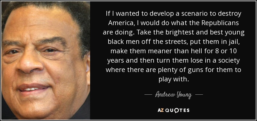 If I wanted to develop a scenario to destroy America, I would do what the Republicans are doing. Take the brightest and best young black men off the streets, put them in jail, make them meaner than hell for 8 or 10 years and then turn them lose in a society where there are plenty of guns for them to play with. - Andrew Young