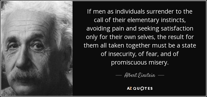 If men as individuals surrender to the call of their elementary instincts, avoiding pain and seeking satisfaction only for their own selves, the result for them all taken together must be a state of insecurity, of fear, and of promiscuous misery. - Albert Einstein