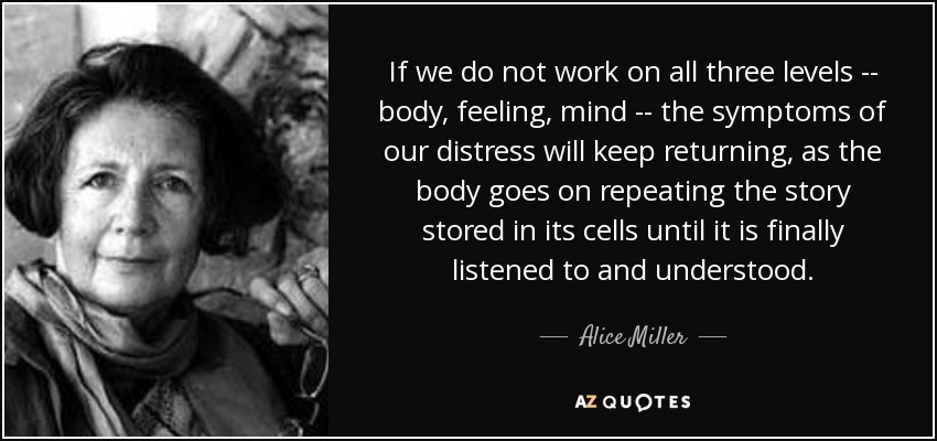 If we do not work on all three levels -- body, feeling, mind -- the symptoms of our distress will keep returning, as the body goes on repeating the story stored in its cells until it is finally listened to and understood. - Alice Miller