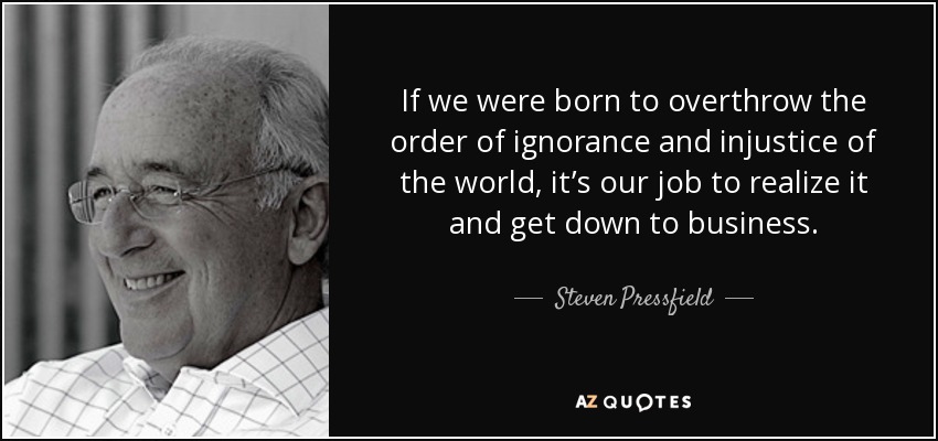 If we were born to overthrow the order of ignorance and injustice of the world, it’s our job to realize it and get down to business. - Steven Pressfield
