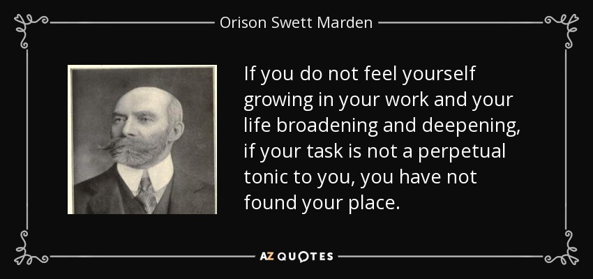 If you do not feel yourself growing in your work and your life broadening and deepening, if your task is not a perpetual tonic to you, you have not found your place. - Orison Swett Marden