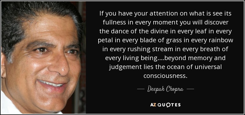 If you have your attention on what is see its fullness in every moment you will discover the dance of the divine in every leaf in every petal in every blade of grass in every rainbow in every rushing stream in every breath of every living being. ...beyond memory and judgement lies the ocean of universal consciousness. - Deepak Chopra