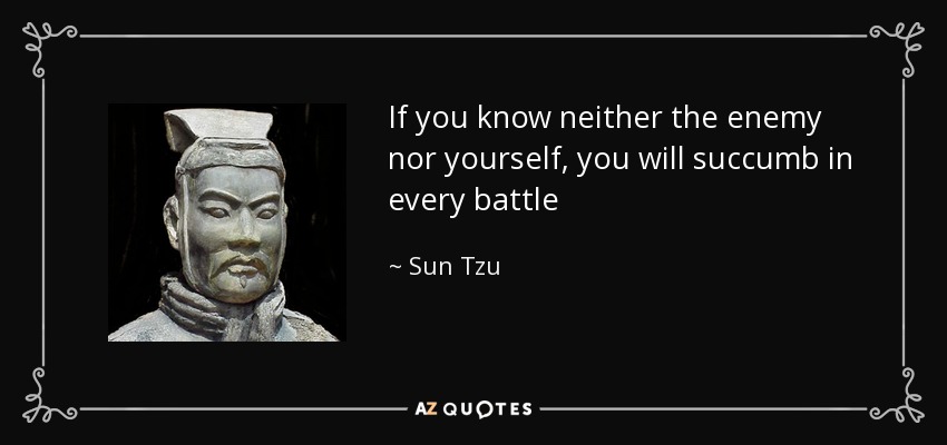 If you know neither the enemy nor yourself, you will succumb in every battle - Sun Tzu