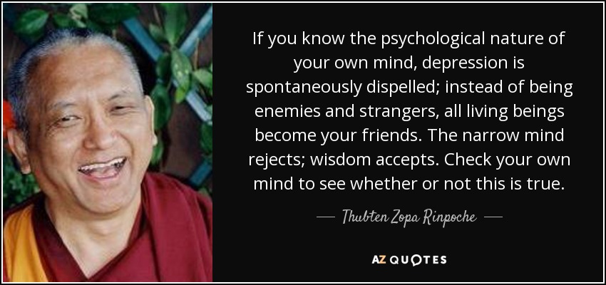 If you know the psychological nature of your own mind, depression is spontaneously dispelled; instead of being enemies and strangers, all living beings become your friends. The narrow mind rejects; wisdom accepts. Check your own mind to see whether or not this is true. - Thubten Zopa Rinpoche