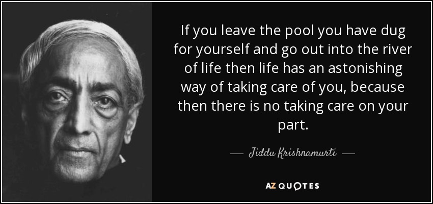 If you leave the pool you have dug for yourself and go out into the river of life then life has an astonishing way of taking care of you, because then there is no taking care on your part. - Jiddu Krishnamurti