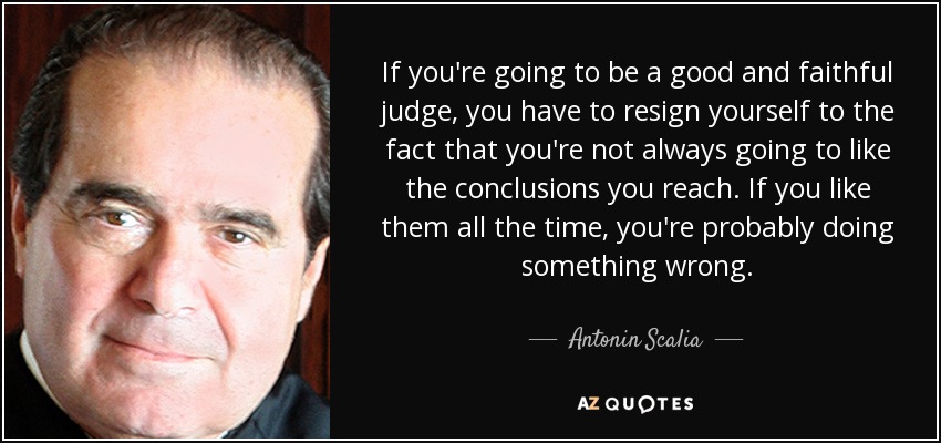 If you're going to be a good and faithful judge, you have to resign yourself to the fact that you're not always going to like the conclusions you reach. If you like them all the time, you're probably doing something wrong. - Antonin Scalia