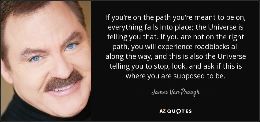 If you're on the path you're meant to be on, everything falls into place; the Universe is telling you that. If you are not on the right path, you will experience roadblocks all along the way, and this is also the Universe telling you to stop, look, and ask if this is where you are supposed to be. - James Van Praagh