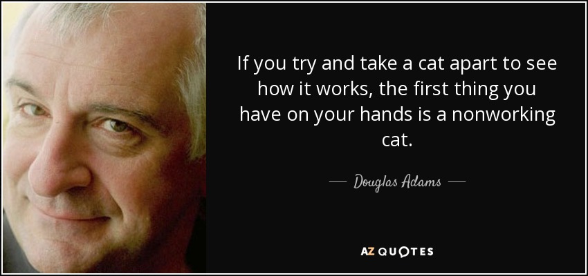 If you try and take a cat apart to see how it works, the first thing you have on your hands is a nonworking cat. - Douglas Adams