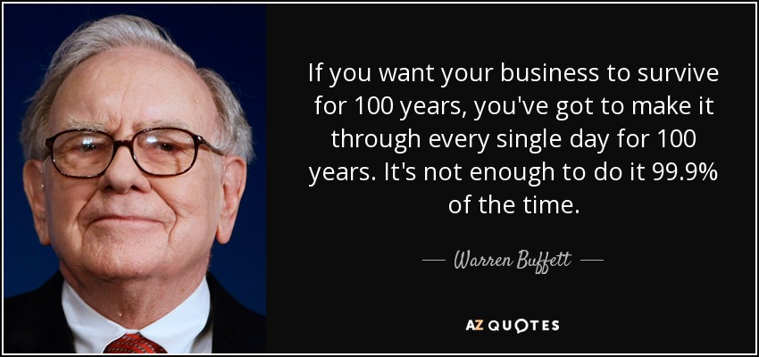 If you want your business to survive for 100 years, you've got to make it through every single day for 100 years. It's not enough to do it 99.9% of the time. - Warren Buffett