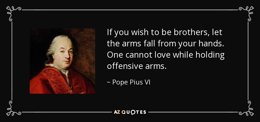 If you wish to be brothers, let the arms fall from your hands. One cannot love while holding offensive arms. - Pope Pius VI