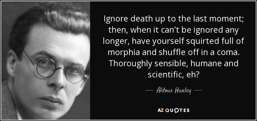 Ignore death up to the last moment; then, when it can't be ignored any longer, have yourself squirted full of morphia and shuffle off in a coma. Thoroughly sensible, humane and scientific, eh? - Aldous Huxley