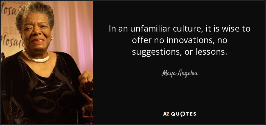 In an unfamiliar culture, it is wise to offer no innovations, no suggestions, or lessons. - Maya Angelou