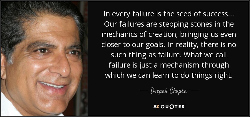 In every failure is the seed of success... Our failures are stepping stones in the mechanics of creation, bringing us even closer to our goals. In reality, there is no such thing as failure. What we call failure is just a mechanism through which we can learn to do things right. - Deepak Chopra