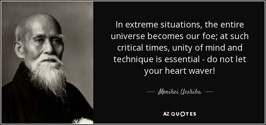 In extreme situations, the entire universe becomes our foe; at such critical times, unity of mind and technique is essential - do not let your heart waver! - Morihei Ueshiba