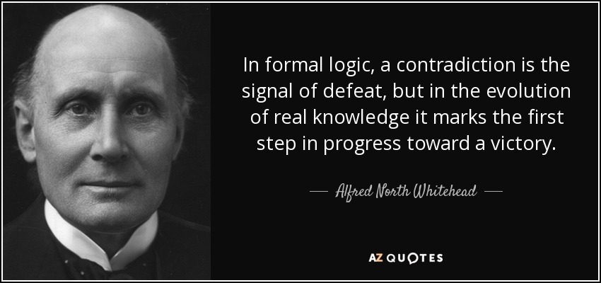 In formal logic, a contradiction is the signal of defeat, but in the evolution of real knowledge it marks the first step in progress toward a victory. - Alfred North Whitehead