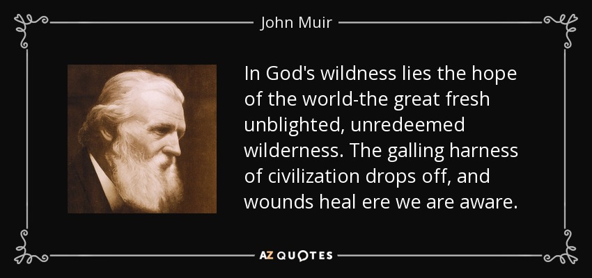 In God's wildness lies the hope of the world-the great fresh unblighted, unredeemed wilderness. The galling harness of civilization drops off, and wounds heal ere we are aware. - John Muir