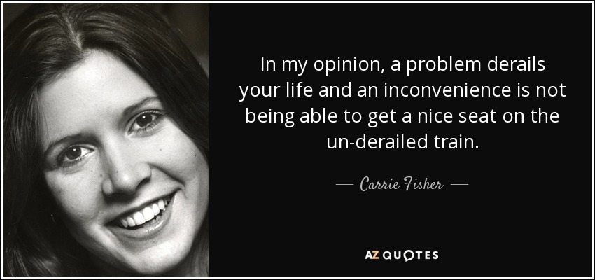 In my opinion, a problem derails your life and an inconvenience is not being able to get a nice seat on the un-derailed train. - Carrie Fisher