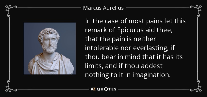 In the case of most pains let this remark of Epicurus aid thee, that the pain is neither intolerable nor everlasting, if thou bear in mind that it has its limits, and if thou addest nothing to it in imagination. - Marcus Aurelius