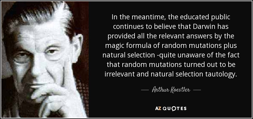 In the meantime, the educated public continues to believe that Darwin has provided all the relevant answers by the magic formula of random mutations plus natural selection -quite unaware of the fact that random mutations turned out to be irrelevant and natural selection tautology. - Arthur Koestler