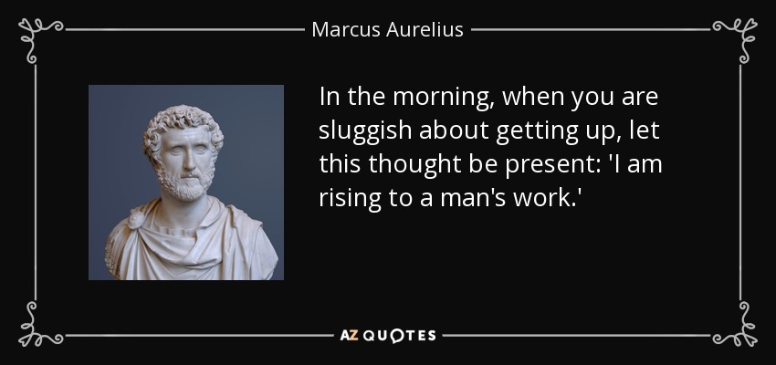 In the morning, when you are sluggish about getting up, let this thought be present: 'I am rising to a man's work.' - Marcus Aurelius