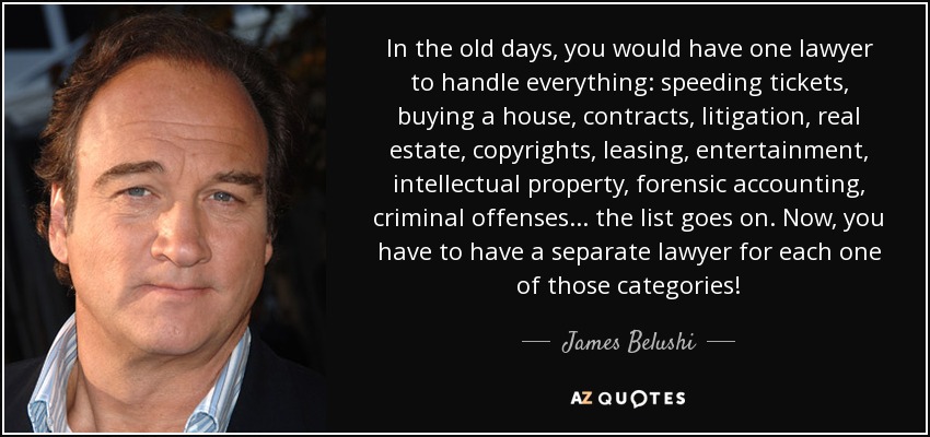 In the old days, you would have one lawyer to handle everything: speeding tickets, buying a house, contracts, litigation, real estate, copyrights, leasing, entertainment, intellectual property, forensic accounting, criminal offenses... the list goes on. Now, you have to have a separate lawyer for each one of those categories! - James Belushi