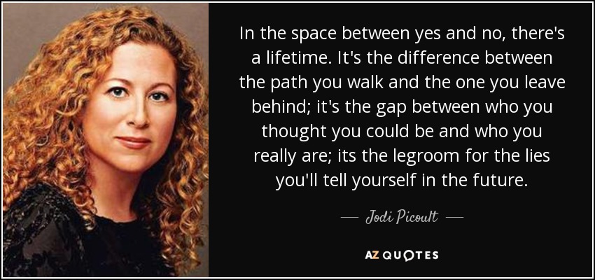 In the space between yes and no, there's a lifetime. It's the difference between the path you walk and the one you leave behind; it's the gap between who you thought you could be and who you really are; its the legroom for the lies you'll tell yourself in the future. - Jodi Picoult