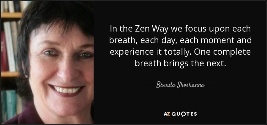 In the Zen Way we focus upon each breath, each day, each moment and experience it totally. One complete breath brings the next. - Brenda Shoshanna