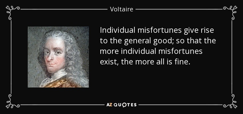 Individual misfortunes give rise to the general good; so that the more individual misfortunes exist, the more all is fine. - Voltaire