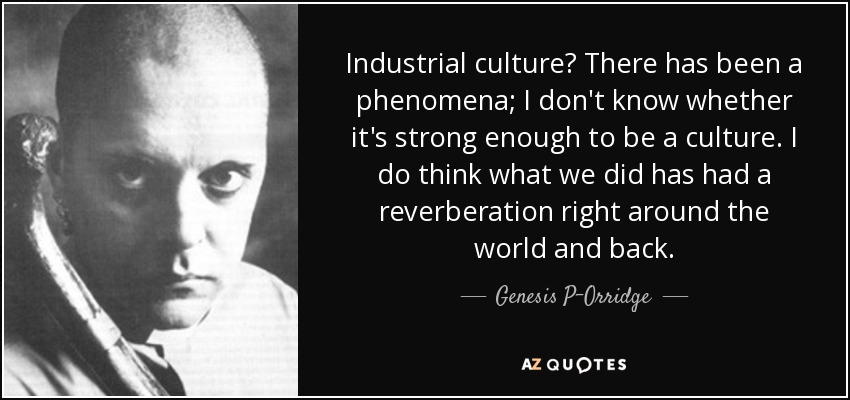 Industrial culture? There has been a phenomena; I don't know whether it's strong enough to be a culture. I do think what we did has had a reverberation right around the world and back. - Genesis P-Orridge