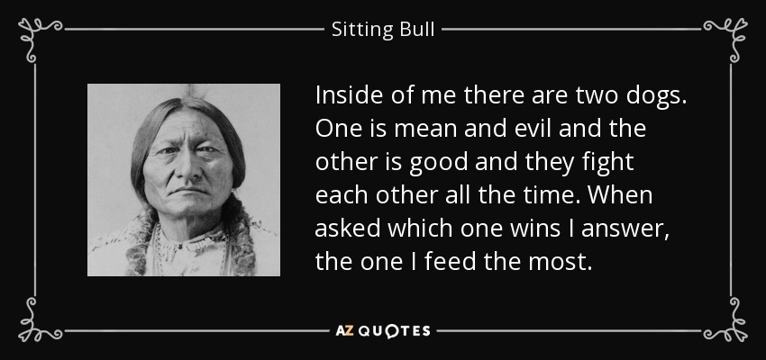 Inside of me there are two dogs. One is mean and evil and the other is good and they fight each other all the time. When asked which one wins I answer, the one I feed the most. - Sitting Bull