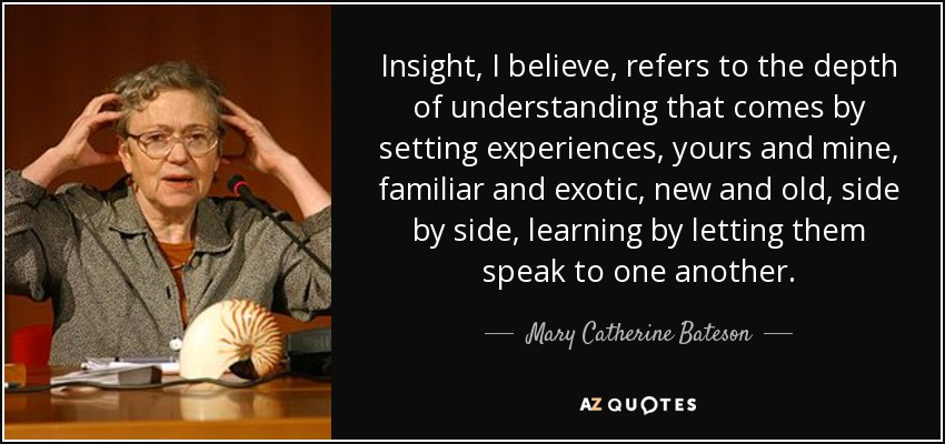 Insight, I believe, refers to the depth of understanding that comes by setting experiences, yours and mine, familiar and exotic, new and old, side by side, learning by letting them speak to one another. - Mary Catherine Bateson
