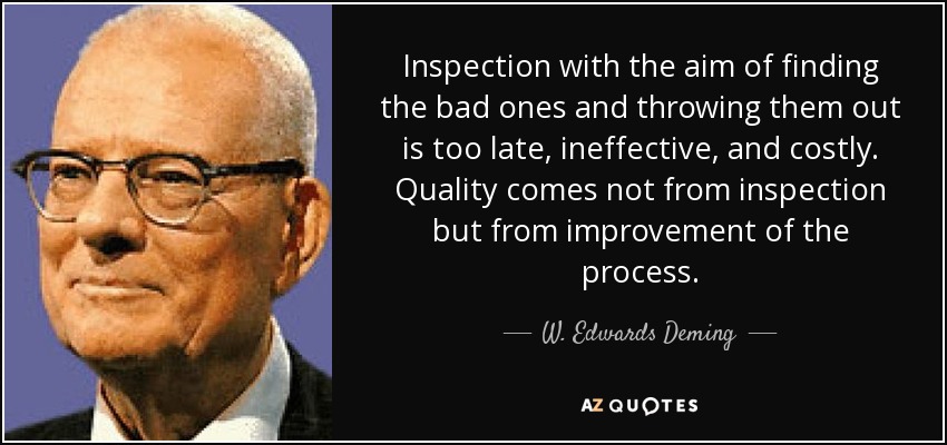 Inspection with the aim of finding the bad ones and throwing them out is too late, ineffective, and costly. Quality comes not from inspection but from improvement of the process. - W. Edwards Deming