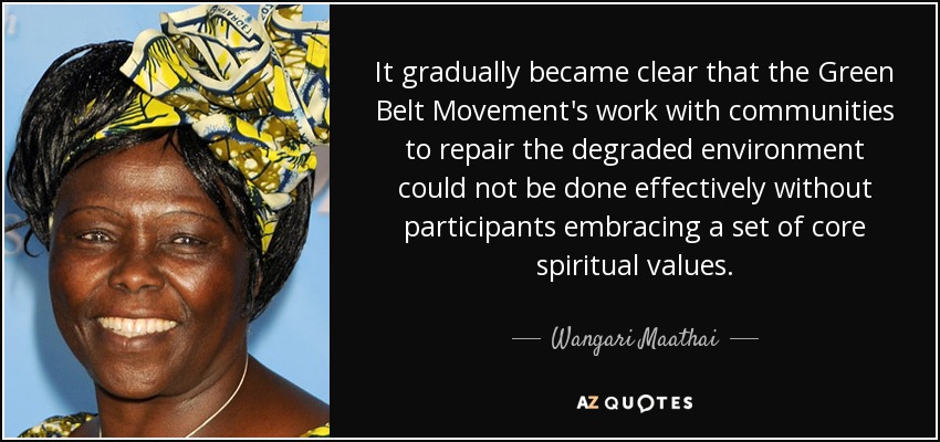 It gradually became clear that the Green Belt Movement's work with communities to repair the degraded environment could not be done effectively without participants embracing a set of core spiritual values. - Wangari Maathai