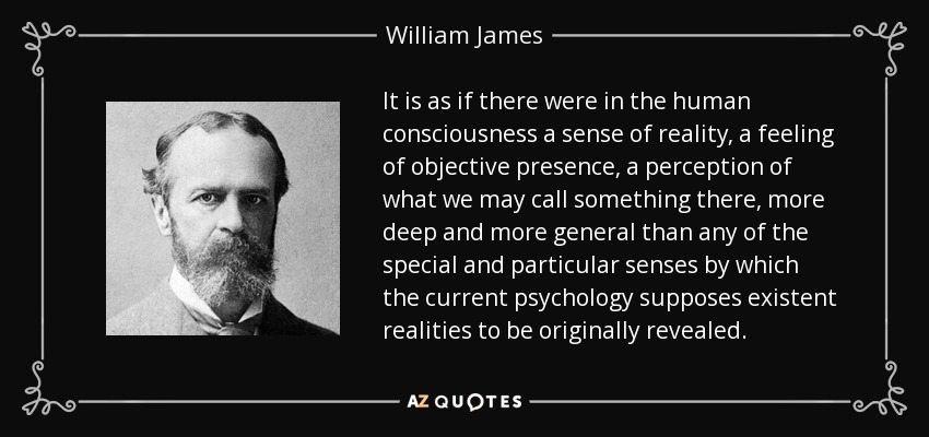 It is as if there were in the human consciousness a sense of reality, a feeling of objective presence, a perception of what we may call something there, more deep and more general than any of the special and particular senses by which the current psychology supposes existent realities to be originally revealed. - William James