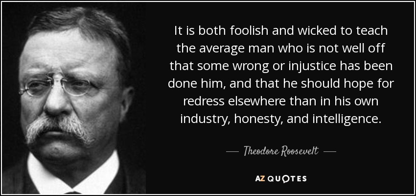 It is both foolish and wicked to teach the average man who is not well off that some wrong or injustice has been done him, and that he should hope for redress elsewhere than in his own industry, honesty, and intelligence. - Theodore Roosevelt