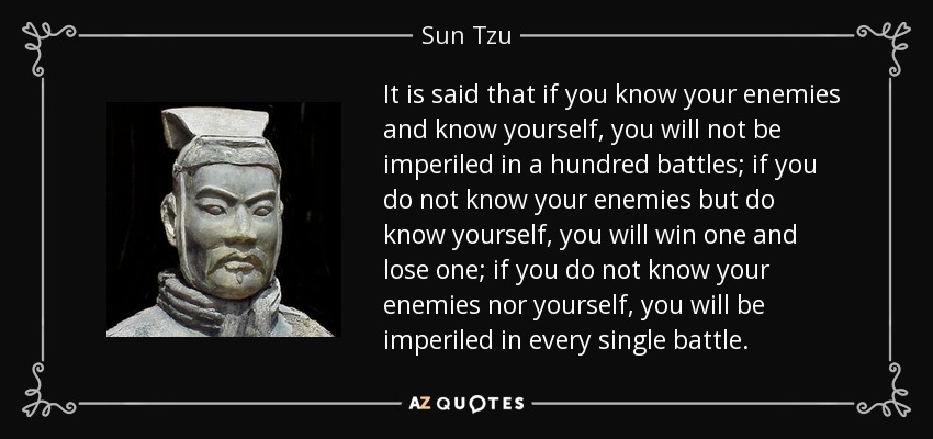 It is said that if you know your enemies and know yourself, you will not be imperiled in a hundred battles; if you do not know your enemies but do know yourself, you will win one and lose one; if you do not know your enemies nor yourself, you will be imperiled in every single battle. - Sun Tzu