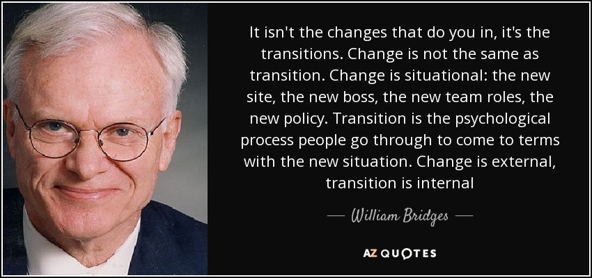 It isn't the changes that do you in, it's the transitions. Change is not the same as transition. Change is situational: the new site, the new boss, the new team roles, the new policy. Transition is the psychological process people go through to come to terms with the new situation. Change is external, transition is internal - William Bridges