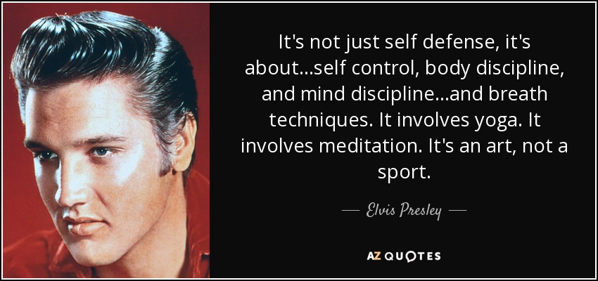 It's not just self defense, it's about...self control, body discipline, and mind discipline...and breath techniques. It involves yoga. It involves meditation. It's an art, not a sport. - Elvis Presley