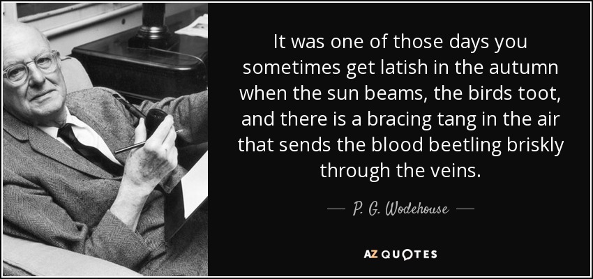 It was one of those days you sometimes get latish in the autumn when the sun beams, the birds toot, and there is a bracing tang in the air that sends the blood beetling briskly through the veins. - P. G. Wodehouse