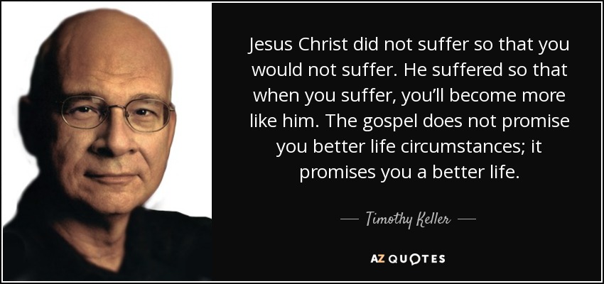 Jesus Christ did not suffer so that you would not suffer. He suffered so that when you suffer, you’ll become more like him. The gospel does not promise you better life circumstances; it promises you a better life. - Timothy Keller