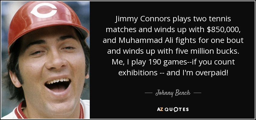 Jimmy Connors plays two tennis matches and winds up with $850,000, and Muhammad Ali fights for one bout and winds up with five million bucks. Me, I play 190 games--if you count exhibitions -- and I'm overpaid! - Johnny Bench